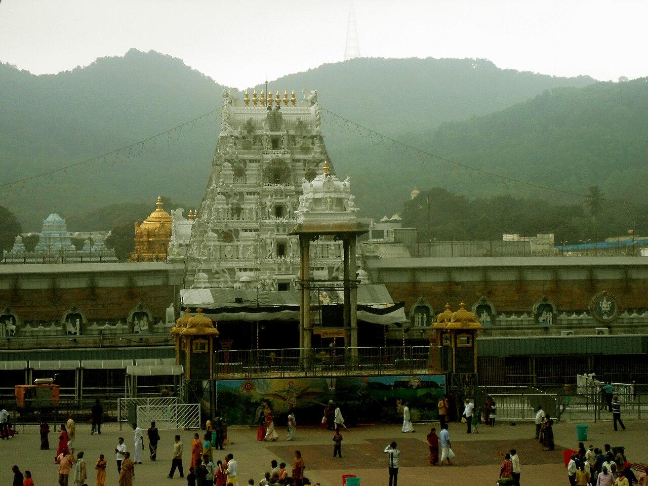 The Tirumala Venkateswara Temple gopuram framed by the Seshachalam hills, Tirumala
