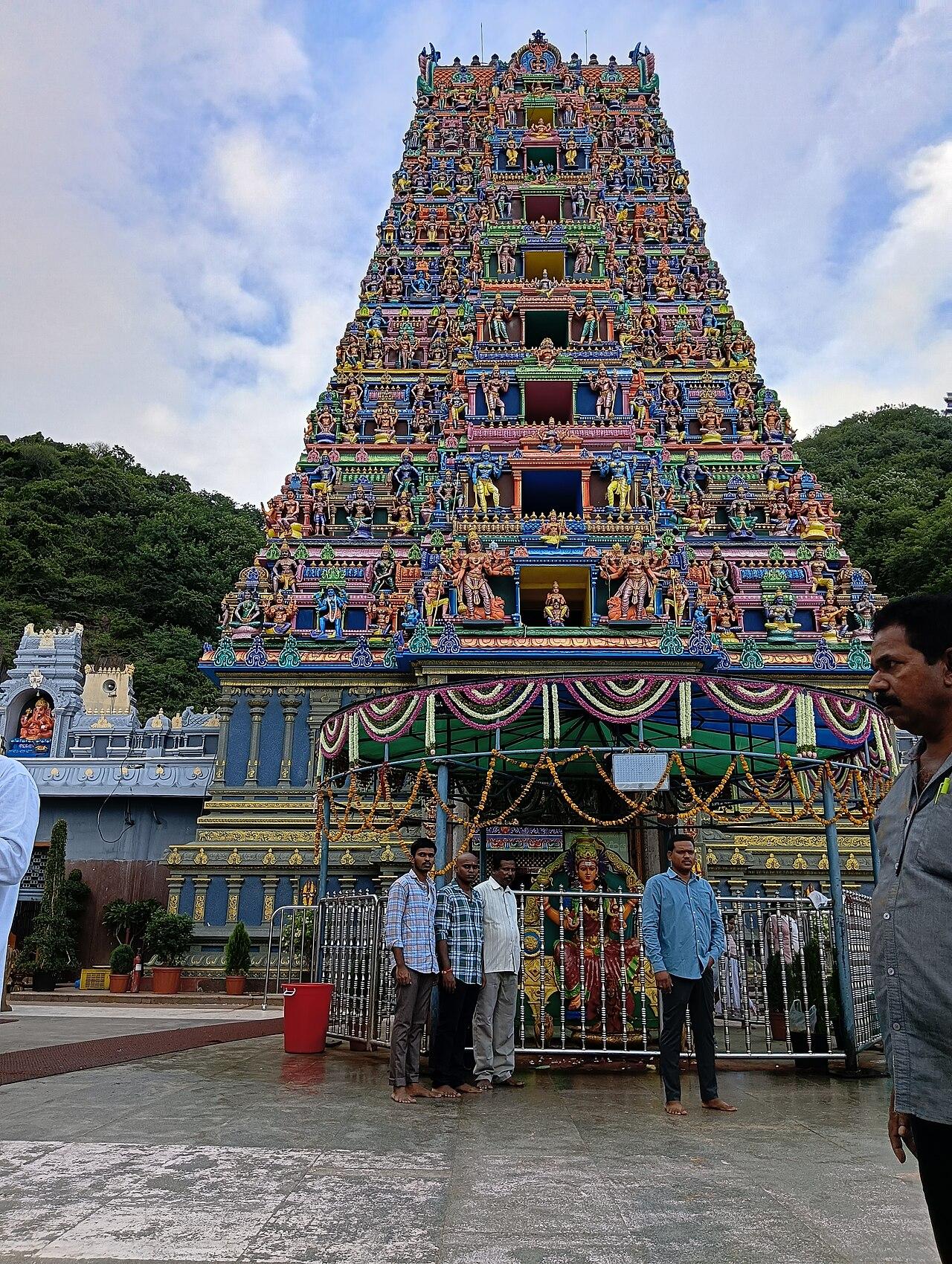 The colourful gopuram of the Kanaka Durga Temple on Indrakeeladri hill, Vijayawada