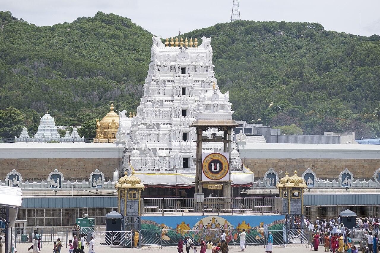 Pilgrims gathered in front of the main gopuram at Tirumala Venkateswara Temple